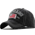 Casquette de baseball vintage grise délavée avec broderie Chicago et patch drapeau US - Réglable / Noir (JX-B444)
