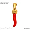 Detail of red cornicello pendant in 304 stainless steel with 18K gold crown bail - Red Chili Shape (SP889G)