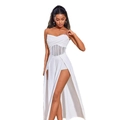 Abito da sera bianco senza schiena e spalline con vita di paillettes e spacco alto - S / Bianco