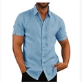 Men's short sleeve linen shirt in light blue with button-down collar and chest pocket - Blue