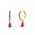 Macro detail of gold S925 silver earrings with colorful pavé stones and ruby pear pendant - Rainbow Zirconia Waterdrop Pendant / Gold/Rose Red