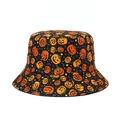 Unisex bucket hat with orange Halloween pumpkin, bat, and star patterns in white background - M (56-58cm) / Halloween Pumpkins and Bats (M60—1)
