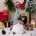 Grey knitted Christmas gnome plush with glowing hat and holly berry detail decor - Knit Pointed Hat Glowing Gnome Grey / Gray