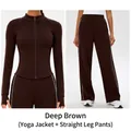 Women's yoga set in dark coffee with slim fit zip-up jacket and matching striped pants - S / Dark Coffee (Yoga Jacket + Straight Pants)