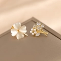 Elegant four-leaf clover and flower pins with pearls and crystals on gold base - Clover + Golden Flower Set