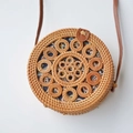 Borsa a tracolla rotonda in rattan fatta a mano con pelle marrone e fodera etnica - Borsa circolare 20*8cm