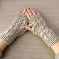 Oatmeal grey cable knit fingerless gloves with elastic ribbed cuffs for winter warmth - Light Gray