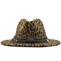 Classic leopard print fedora hat with ethnic woven band and turquoise gemstone beads - M (56-58cm) / Turquoise Tassel Ethnic Woven Band Style / Camel
