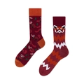 Detailed view of burgundy crew socks featuring creative panda patterns and wave designs - Red Panda
