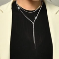 Minimalist double-layer silver snake chain necklace with long Y-shaped tassel pendant - Pull-out Style (110cm) / Steel