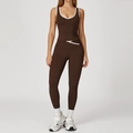 Two-piece dark brown yoga set with V-neck tank top and cross waist leggings - S / Top And Bottom / Dark Coffee (Vest + Leggings)