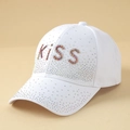 Close-up of white baseball cap with rhinestone KISS lettering and sparkling crystals - One Size / KISS White