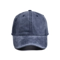 Detailed view of reinforced stitching and breathable eyelets on vintage washed baseball cap - Navy Blue