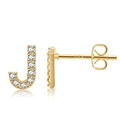 Detailed macro view of 925 sterling silver J-shaped stud earring with white cubic zirconia - Style J