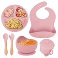 Pink silicone baby feeding set with suction plate, bowl, cup, bib, and wooden utensils - 6-Piece Set with Wooden Handle / Pink