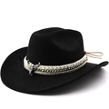 Detail of western cowboy hat with woven band, gold studs and silver bull skull charm - M(56-58cm) / Black