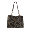 Große Shopper-Tasche mit Leopardenmuster, braunen Lederriemen und Goldkette - Schwarz/Leopardenmuster