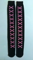 Halloween black over-knee socks with pink X-shaped bone pattern for costume party - One Size / Pink Crossbone