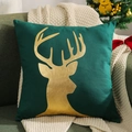 Housse de coussin vert foncé avec impression tête de cerf dorée pour décor de Noël - Renne Bronzant Vert/Vert Foncé