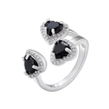 Anello regolabile con tre gemme nere a cuore e aloni di zirconi bianchi in argento - Platino Zircone Nero