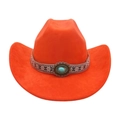 Orange Western cowboy hat with ethnic patterned band and turquoise stone ornament - One Size / Oval Blue Stone Decoration / Orange