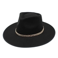 Cappello jazz in lana nera a tesa larga con catena d'oro decorativa per uomo e donna - M(56-58cm) / Nero