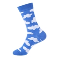 Blue crew sock with white cloud pattern featuring ribbed cuffs in a comfy cotton blend - 947 Blue Sky Clouds