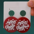 Festive red acrylic Merry Christmas cat earrings with green glitter circle stud for women - Merry Christmas Candy (H-228)