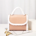 Pink crocodile pattern handbag with white plush handle and gold chain shoulder strap - Pink