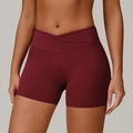 Women's burgundy cross high waist yoga shorts with a supportive peach lift fit - S / Cherry Red