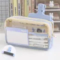 Light blue large capacity transparent pencil case with double zippers and magnetic clip - Blue Case + Blue Magnetic Clip / Blue