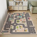 Kids city road map play mat with cartoon buildings and parking lots for bedroom - Community Life Play Rug