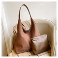 Brown faux suede tote bag set with matching smooth leather pouch for women - Single Bag / Brown