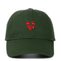 Dark green cotton baseball cap with broken heart embroidery and curved brim stitching - Adjustable / Dark Green