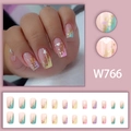 Rainbow gradient square press-on nails with gold foil and white heart charms W766 - Rainbow French Gold Foil Heart Style (W766) / 24Pcs/Box (With Glue)