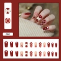 Short ballet press-on nails with red checkerboard pattern, white hearts and 3D bows - Heart Checkerboard - Glue Type (Z843)