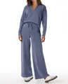 Women's blue knitted two-piece set featuring V-neck sweater and drawstring wide-leg pants - Grey Blue