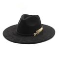 Classic black wide brim fedora hat with elegant gold leaf buckle and faux suede finish - M (56-59cm) / Suede / Black