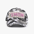 Distressed camo baseball cap featuring beige #1 MOM towel embroidery patch - Adjustable / Camouflage