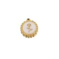 Golden stainless steel round pendant with white enamel and rose relief detail - Round Rose / White