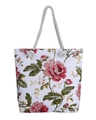 White canvas tote bag with pink floral peony print and white rope handles for women - White Large Flower
