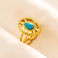 Close-up of gold 304 stainless steel ring featuring a textured turquoise stone inlay - Gold-Dark Blue (Turquoise)