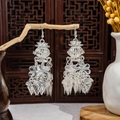 Vintage silver Bohemian flower tassel earrings with intricate lotus and leaf design - Ruyi Knot Lotus Leaf Long Tassel Style (E4422)