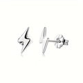 Detailed view of lightning bolt stud earrings in polished silver stainless steel - Silver Lightning Bolt Stud Earrings