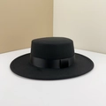 Classic black flat top wool felt boater hat with a satin ribbon and bow detail - M (56-58cm) / Black (Black Ribbon)