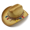 Χειροποίητο ψάθινο καπέλο cowboy με πολύχρωμα έθνικ κρόσσια και ριγέ διακόσμηση - M(56-58cm) / Χακί