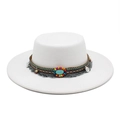 Detail of white felt hat with colorful bohemian beads, turquoise stone and tassels - M (56-58cm) / White