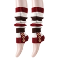Detail of knit leg warmers featuring red, white and dark coffee stripes with wood buttons - One Size / Wine Red Striped