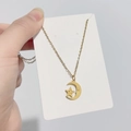 Detailopname van een gouden ster en maan hanger ketting op een witte displaykaart - Ster Maan