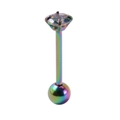 Macro shot of rainbow PVD stainless steel tongue ring with claw-set iridescent zircon stone - Multicolor Zirconia
